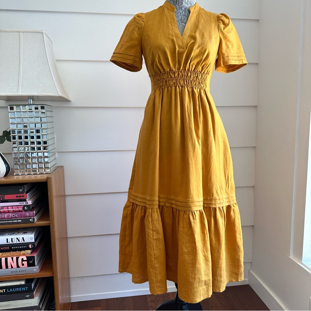 Boden Linen Pintuck Detail Harvest Gold Midi Dress size US:2